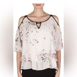 Joseph Ribkoff Beige Floral Cold Shoulder Top Ruffle Blouse Top Size 2